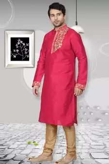 Pink embroidered art dupion silk kurta-pajama