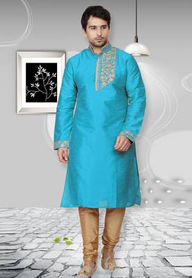 Blue embroidered art dupion silk kurta-pajama 1