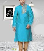 Blue embroidered art dupion silk kurta-pajama