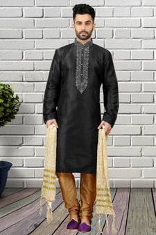Black embroidered art dupion silk kurta-pajama