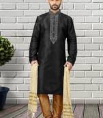 Black embroidered art dupion silk kurta-pajama
