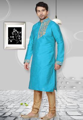 Blue embroidered art dupion silk kurta-pajama 3