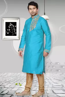 Blue embroidered art dupion silk kurta-pajama