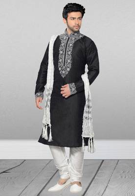 Black embroidered art dupion silk kurta-pajama 1