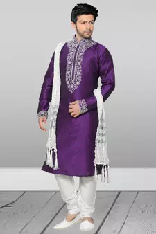 Purple embroidered art dupion silk kurta-pajama