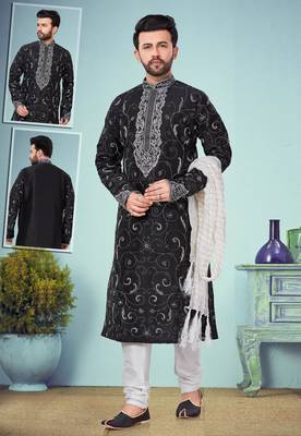 Black embroidered art dupion silk kurta-pajama 1
