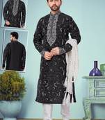 Black embroidered art dupion silk kurta-pajama