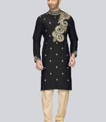 Black embroidered art dupion silk kurta-pajama