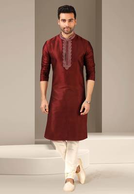 Maroon embroidered art dupion silk kurta-pajama 1