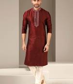 Maroon embroidered art dupion silk kurta-pajama