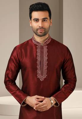 Maroon embroidered art dupion silk kurta-pajama 2