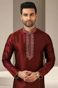 Maroon embroidered art dupion silk kurta-pajama