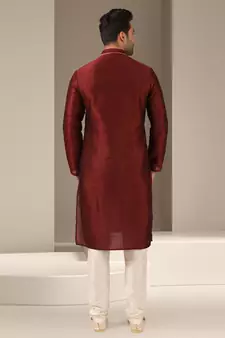 Maroon embroidered art dupion silk kurta-pajama