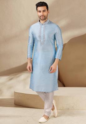Blue embroidered art dupion silk kurta-pajama 1