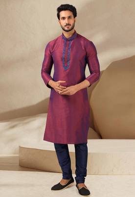 Maroon embroidered art dupion silk kurta-pajama 1