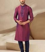 Maroon embroidered art dupion silk kurta-pajama