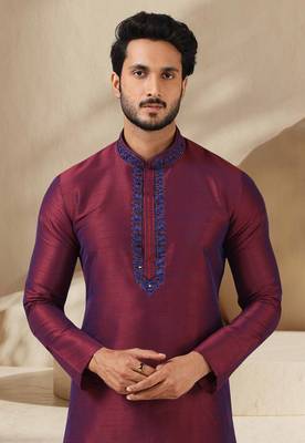 Maroon embroidered art dupion silk kurta-pajama 2