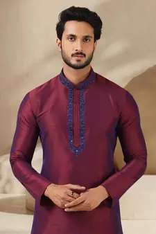 Maroon embroidered art dupion silk kurta-pajama
