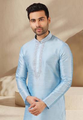 Blue embroidered art dupion silk kurta-pajama 2