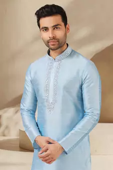 Blue embroidered art dupion silk kurta-pajama