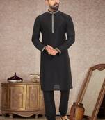 Black embroidered art dupion silk kurta-pajama