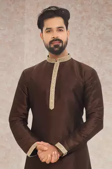 Maroon embroidered art dupion silk kurta-pajama