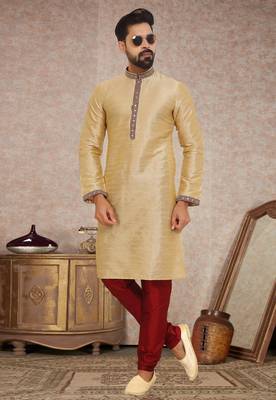 Fawn embroidered art dupion silk kurta-pajama 1