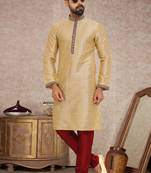 Fawn embroidered art dupion silk kurta-pajama