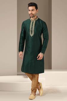 Green embroidered art dupion silk kurta-pajama