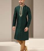 Green embroidered art dupion silk kurta-pajama