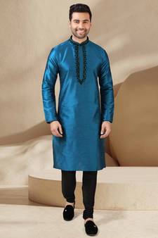 Blue embroidered art dupion silk kurta-pajama