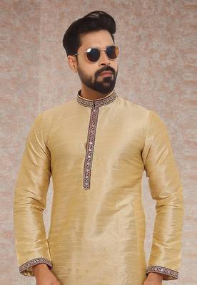 Fawn embroidered art dupion silk kurta-pajama 2