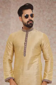 Fawn embroidered art dupion silk kurta-pajama