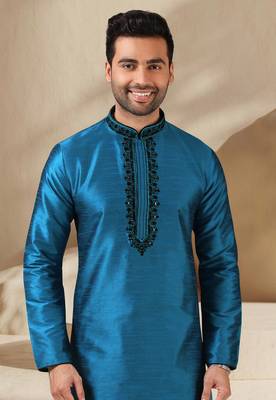 Blue embroidered art dupion silk kurta-pajama 2