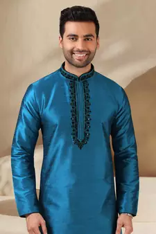 Blue embroidered art dupion silk kurta-pajama