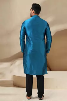 Blue embroidered art dupion silk kurta-pajama