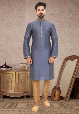 Grey embroidered art dupion silk kurta-pajama 1