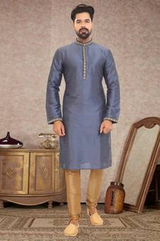 Grey embroidered art dupion silk kurta-pajama