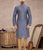 Grey embroidered art dupion silk kurta-pajama