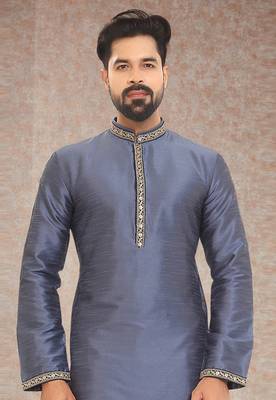 Grey embroidered art dupion silk kurta-pajama 2