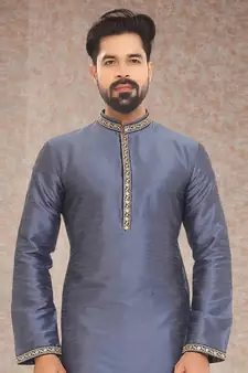 Grey embroidered art dupion silk kurta-pajama