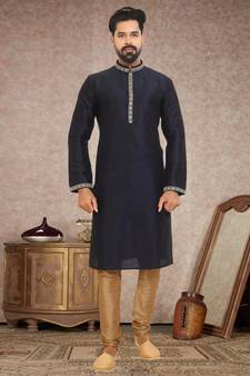Black embroidered art dupion silk kurta-pajama
