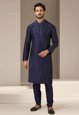 Blue embroidered art dupion silk kurta-pajama 1