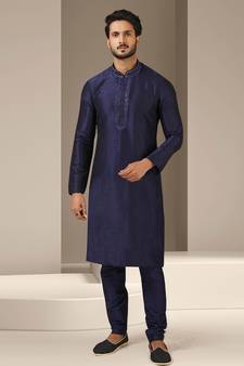 Blue embroidered art dupion silk kurta-pajama