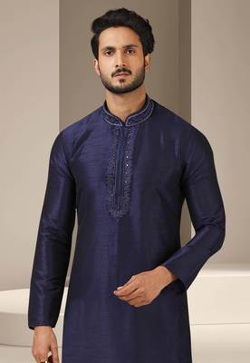 Blue embroidered art dupion silk kurta-pajama 2