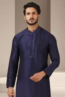Blue embroidered art dupion silk kurta-pajama