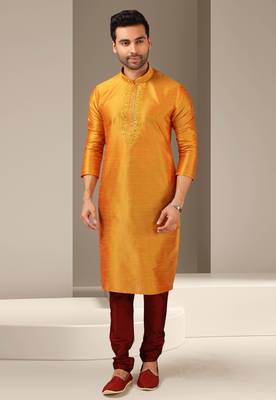 Orange embroidered art dupion silk kurta-pajama 1