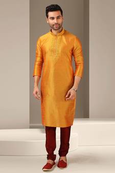 Orange embroidered art dupion silk kurta-pajama