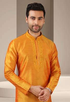 Orange embroidered art dupion silk kurta-pajama 2