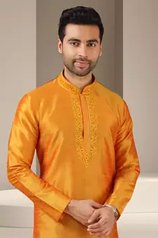 Orange embroidered art dupion silk kurta-pajama